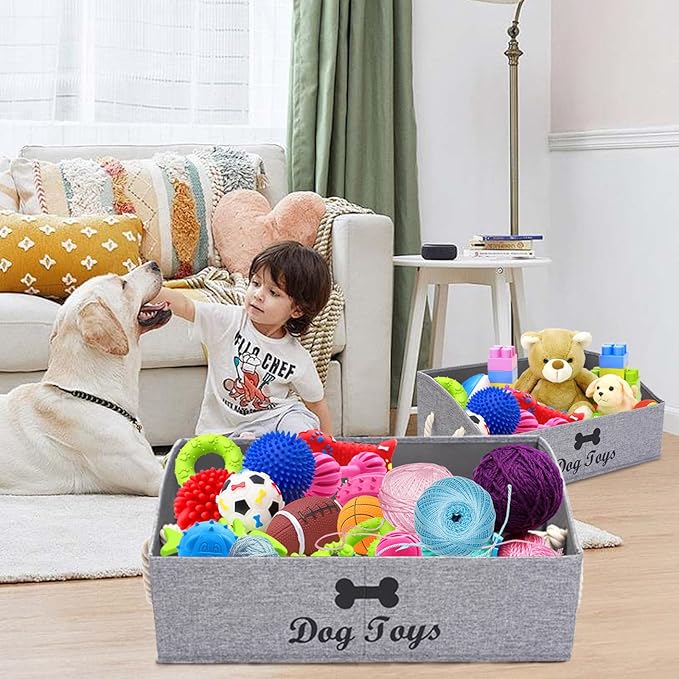 Geyecete 2 Pack Large Dog Toys Storage Bins-Foldable Fabric Trapezoid Organizer Boxes with weave Rope Handle,Collapsible Basket for Shelves,Dog Apparel(Snow Gray-DOG)