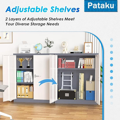 Pataku Metal Storage Cabinet, Garage Cabinet with Doors and Shelves 36" Hx32 Wx16 D, Steel Lockable File Cabinets for Office, Home, Garage, Basement, Industrial, White Grey