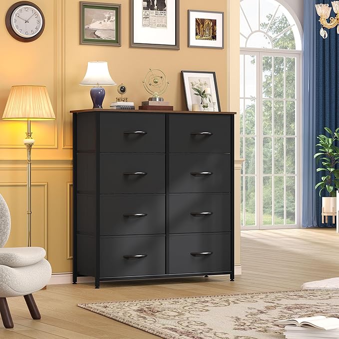 DWVO Dresser with 8 Drawers - Fabric Storage Tower, Organizer Unit for Bedroom, Hallway, Closets - Sturdy Steel Frame, Wooden Top & Easy Pull Fabric Bins (Burlywood Grain)