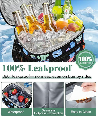 Insulated Lunch Bag for Men & Women, 9L Leakproof Lunch Box Soft Cooler Tote with 5 Pockets, 600D Oxford, EVA Lining, Adjustable Strap for Work, Picnic, Beach&Travel-Corduroy Cactus