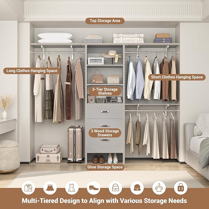 Closet System with 3 Drawers - 8FT Wood Closet Organizer with 3 Shelving Tower & Hanging Rods, 96" Walk-in Wardrobe Closet Organizer System for 4-8FT Spaces, Heavy Duty Garment Clothes Rack, Grey