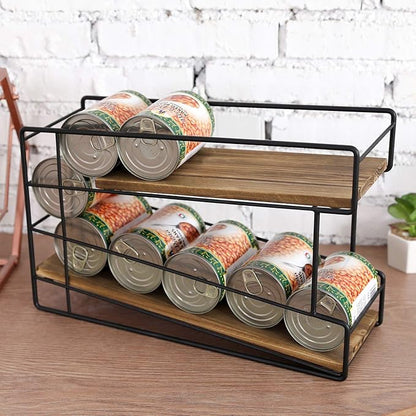 MyGift 2 Tier Stackable Can Holder for Pantry, Can Food Storage Dispenser Rack Organizer, Soda Pop, Pet Cat Dog Food, Rustic Solid Burnt Wood with Black Metal Wire Frame, Front Loading