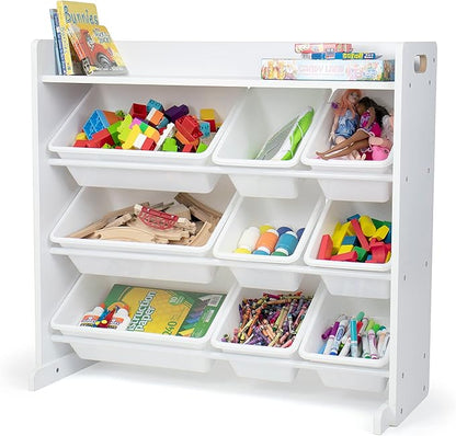 Humble Crew Toy Storage Organizer with Top Shelf and 9 Removable Bins, White/White – Toddler Bookshelf with Toy Organizer - Modern Toy Rack Ideal for Kids' Rooms, Playrooms, and Nurseries
