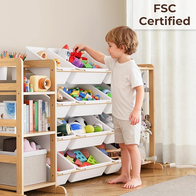 Storage Organizer with Bookshelf and Stuffed Animal Storage - Playroom Organization with Shelves and 12 Bins - Living Room Box for Lego - Bedroom Decor Essentials