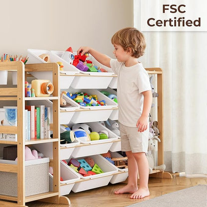 Storage Organizer with Bookshelf and Stuffed Animal Storage - Playroom Organization with Shelves and 12 Bins - Living Room Box for Lego - Bedroom Decor Essentials