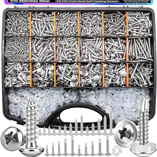 mxuteuk 1505PCS Self Tapping Screws Assortment Kits,#8#10 410 Stainless Steel Truss Head Self Drilling Screws and M2 M3 M4 Carbon Steel Phillips Pan Head Self Tapping Screws for Plastic,Wood