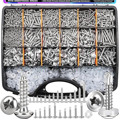 mxuteuk 1505PCS Self Tapping Screws Assortment Kits,#8#10 410 Stainless Steel Truss Head Self Drilling Screws and M2 M3 M4 Carbon Steel Phillips Pan Head Self Tapping Screws for Plastic,Wood