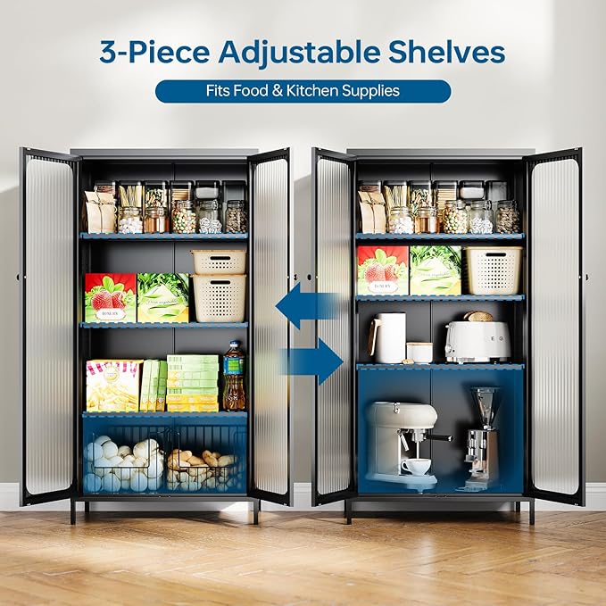 63'' Kitchen Pantry Storage Cabinet, Display Cabinet with Glass Doors and 3 Adjustable Shelves, Metal Kitchen Hutch Storage Cabinet for Dining Room, Living Room (Black)
