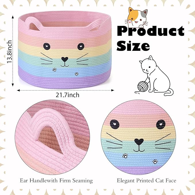 Zopeal Cat Basket Storage Woven Organizer with Ears Easter Decorative Gift Pet Toy Cute Cotton Rope Basket for Gift Cat Dog Toy Bin Nursery Room(21.7 x 13.8 Inch,Macaron Color)
