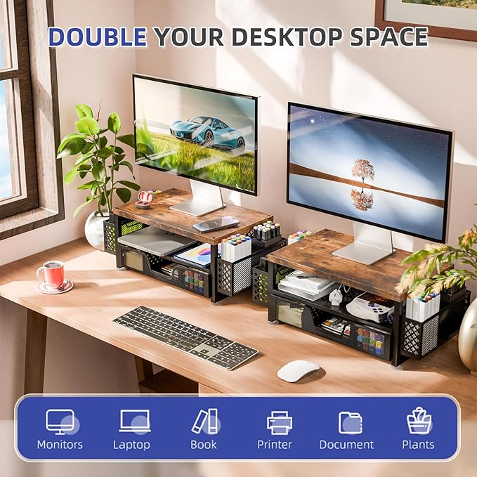 Simple Trending Desk Organizers and Accessories, 2 Tier Monitor Stand Riser with Drawer and 2 Pen Holder for Offices and Dormitories (Wood)