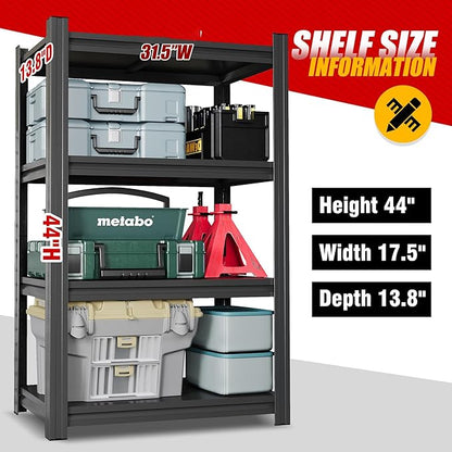 32"W Metal Garage Shelving Unit, Heavy Duty Adjustable Storage Rack, Steel Shelving, Industrial Metal Shelves for Heavy Tools and Equipment, Ideal for Garage, Basement, Kitchen 4-Tier 44"Hx32"Wx14"D