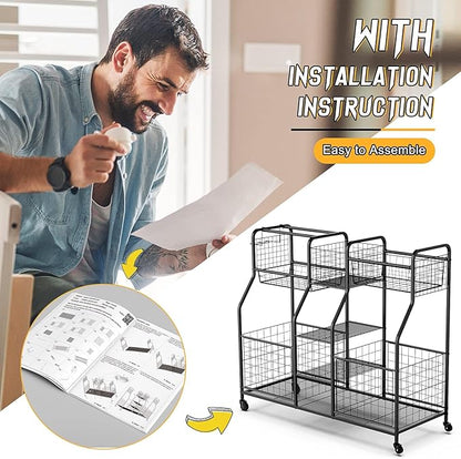 Garage Sports Equipment Organizer with Wheels - Ball Storage Rack with Elastic Rope or Wire Mesh,Garage Organizer System,Indoor/Outdoor Sports Rack for Sports Gear and Toys Storage,Black