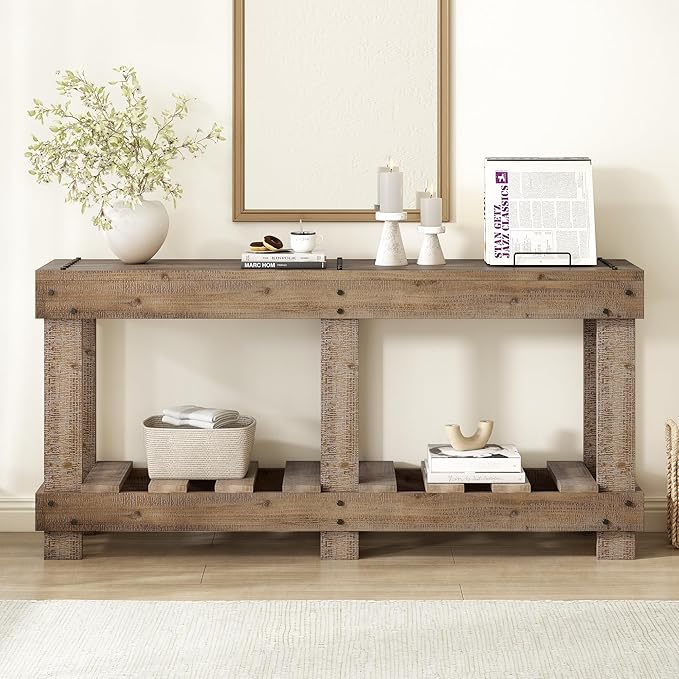 62.9-Inch Extra-Length Tabletop Vintage Entryway Table, Solid Cedar Wood Console Table with 6 Reinforced Legs, Metal Rivet Decor and Plank Under-Shelf for Hallway, Living Room (Natural-J41)