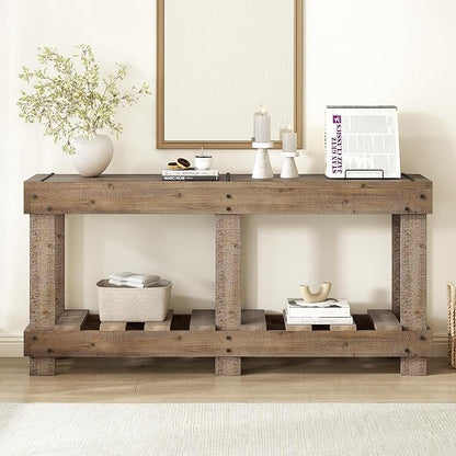 62.9-Inch Extra-Length Tabletop Vintage Entryway Table, Solid Cedar Wood Console Table with 6 Reinforced Legs, Metal Rivet Decor and Plank Under-Shelf for Hallway, Living Room (Natural-J41)
