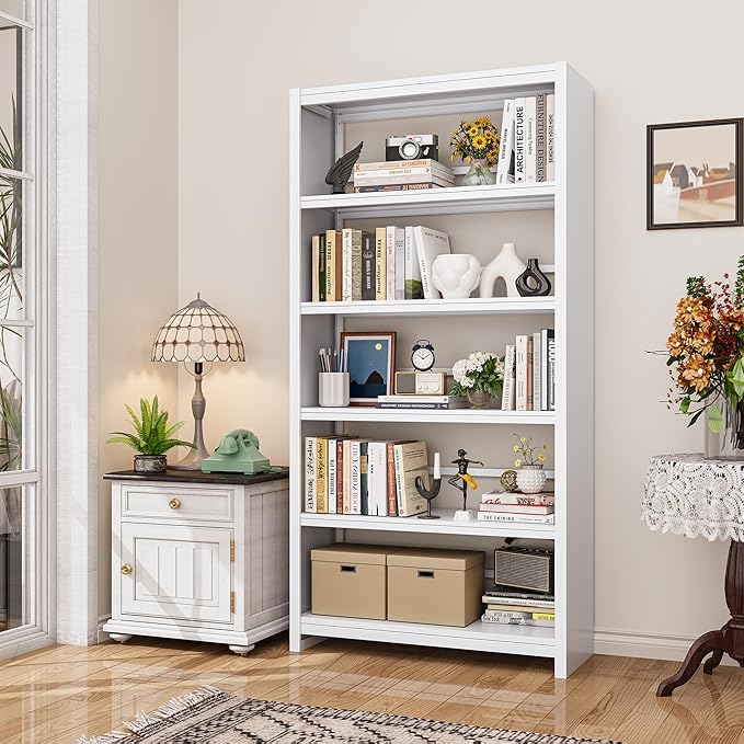 Bookshelf, Tall Bookcase for Books, CDs, Movies, Garage Kit, 5 Tier Book Shelf, Modern Display Shelf for Library Home Office Bderoom Living Room, Metal Bookshelves Industrial White