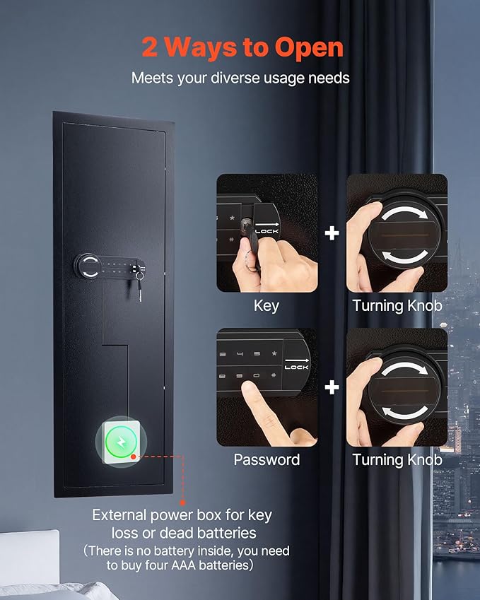 VEVOR 43.3" High Wall Safe, 4-Tier Hidden Wall Mounted Gun Safe with Password & Key, Q235 Cold-Rolled Steel In-Wall Box with LED Lighting, 3 Adjustable Shelves & Key Holders, Black