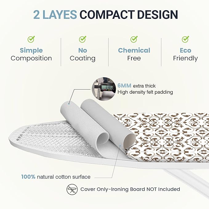 Ironing Board Cover and Pad 15"x54" Extra Thick Natural Cotton, Scorch and Stain Resistant Padding, Standard Size Iron Board Cover with Fasteners Heavy Duty Elastic Edge, Heatproof Taupe