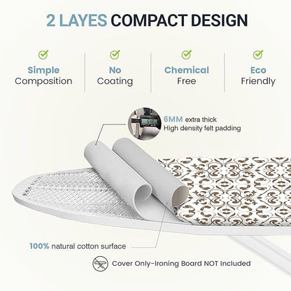 Ironing Board Cover and Pad 15"x54" Extra Thick Natural Cotton, Scorch and Stain Resistant Padding, Standard Size Iron Board Cover with Fasteners Heavy Duty Elastic Edge, Heatproof Taupe