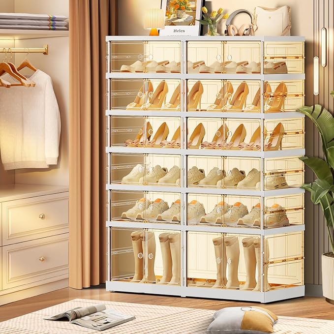 6-Tier Foldable Shoe Rack for Closet Entryway 12-24Pairs,Stackable Clear Shoe Storage Boxes Organizer with Door Plastic Shoe Cabinet Bins with Lids Shoes Shelf Easy Assembly Large