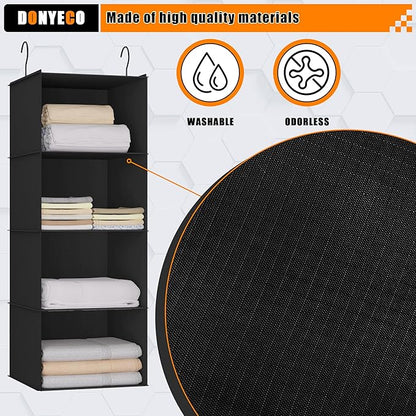 Hanging Closet Organizer, Easy Mount Foldable 4-Shelf Hanging Closet Wardrobe Storage Shelves, Clothes Handbag Shoes Accessories Storage, Washable Oxford Cloth Fabric, Black