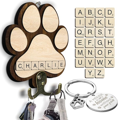 Dog Leash Holder for Wall Mount with Scrabble Letters, Wooden Paw Print Wall Hook, Pet Collar and Harness Organizer for Entryway, Key Hook Gift for Pet Lovers & Dog Owners, Home Decor PF283