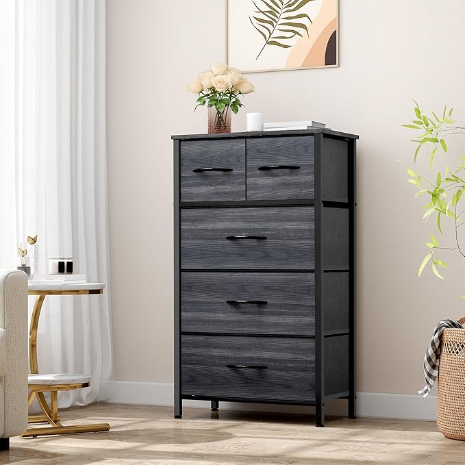 YITAHOME Fabric Dresser with 5 Drawers - Storage Tower with Large Capacity, Organizer Unit for Bedroom, Living Room & Closets - Sturdy Steel Frame, Wooden Top & Easy Pull Fabric Bins