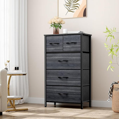 YITAHOME Fabric Dresser with 5 Drawers - Storage Tower with Large Capacity, Organizer Unit for Bedroom, Living Room & Closets - Sturdy Steel Frame, Wooden Top & Easy Pull Fabric Bins
