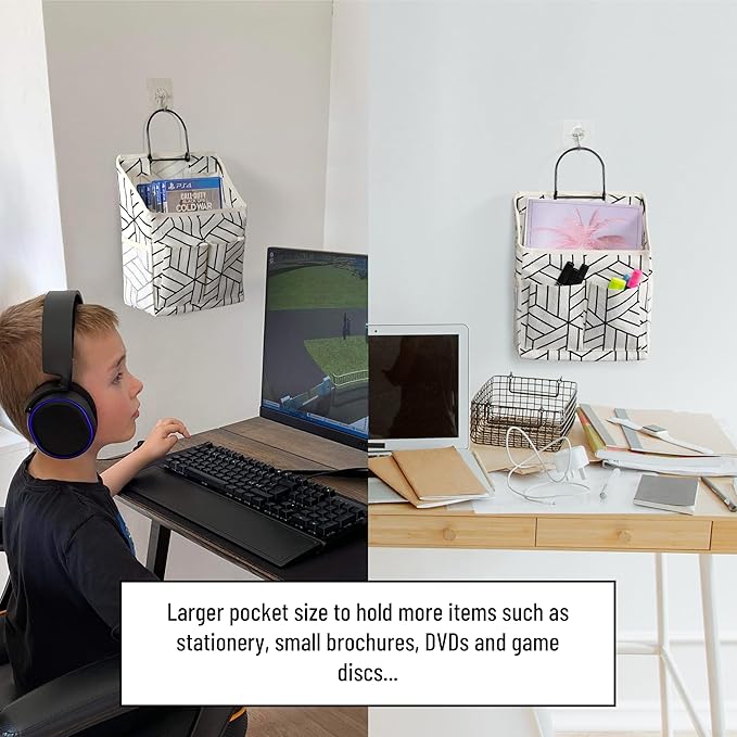 2pcs Wall Hanging Storage Bag, Small Door Closet Linen Fabric Pockets Organizer, Waterproof Multi Functional for Living Room Bedroom Bathroom Kitchen RV Camper with Hooks Pattern Whtie