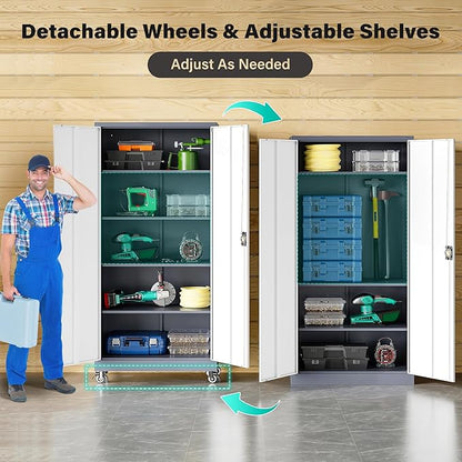 75" Tall Metal Storage Cabinet with Wheels,Rolling Garage Storage Cabinet with Lock,Gray White Metal Cabinets with Wheels and Shelves,Locking Tool Cabinets on Wheel for Garage,Home,Office,Shop