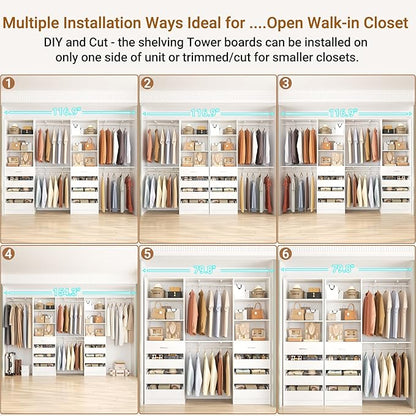 Aheaplus Closet System with 8 Wooden Drawers, Wood Closet Organizer System with Tower, Walk-in Closet Organizer Wardrobe Clothes Rack with 4 Hanging Rods, Garment Rack, Cut to Fit 7-12Ft, White