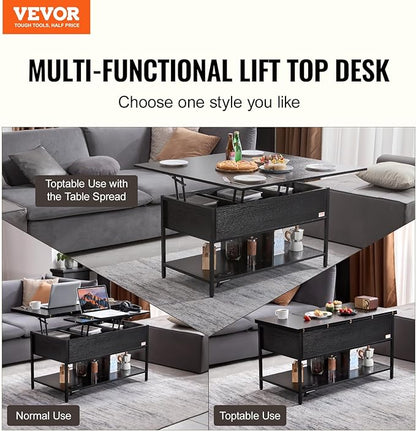 VEVOR 4-in-1 Lift Top Coffee Table, Multi-Function Convertible Coffee Table with Storage and Hidden Compartment, Farmhouse Center Table with Power Outlet & USB & LED Light for Living Room, Home Office