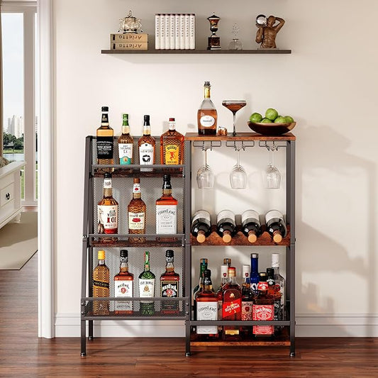 Versatile Liquor Stand for Home Bar, Wine Rack Freestanding Floor, Mini Bar Table for Liquor Whiskey Wine, 3-Tier Trapezoidal Liquor Bottle Display Shelf with Glass Holder and Fences(Patent Pending)