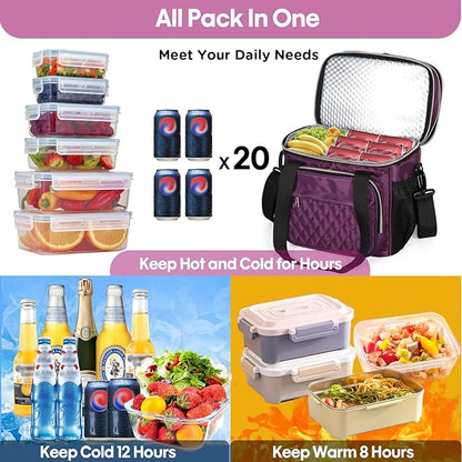GLENKEY Expandable Insulated Lunch Box, Double Deck Lightweight Large Lunch Bag Tote Leakproof Cooler Bags for Women Adults Work Outdoor Picnic Daytrip, Purple,16L