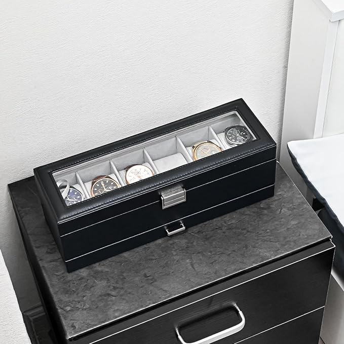 ProCase Watch Box, 6 Slot Watches Display Case with Drawer, Mens Watch Case with Glass Lid, 2-Layer Mens Jewelry Organizer Storage Holder, Birthday Valentine Gifts for Men -6 Slot, Black