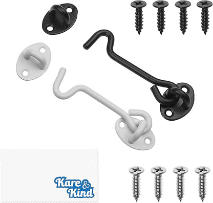Kare & Kind Hook and Eye Latch (4-inch) - with Mounting Screws - Heavy Duty Locks for Door, Gates, Barns, Bathrooms, Cabins (1-White, 1-Black)