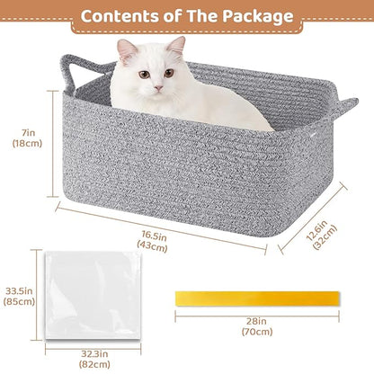 Large Empty Gift Baskets for Baby Shower, 16.5" L x 12.6" W x 7" H Cute Woven Storage Basket with Gift Bags and Ribbons, Small Rope Toy Basket with Handles, Cat Dog Pet Toy Organizer - Grey