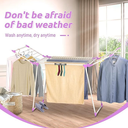 Clothes Drying Rack, Gullwing Laundry Rack, Collapsible, Space-Saving Laundry Rack, with Bonus Sock Clips, for Clothes, Towels, Linens, Indoor/Outdoor, Purple