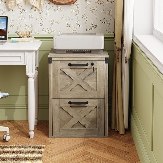DEVAISE 2 Drawer File Cabinet with Lock, Wood Farmhouse Filing Cabinet for Home Office, Printer Stand Fits Letter and A4 Size, Gray Oak