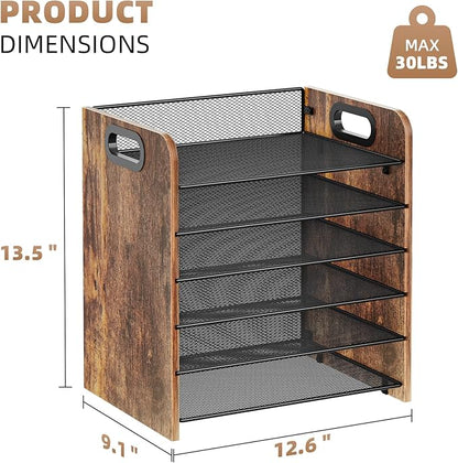 Marbrasse 6 Tier Paper Organizer Letter Tray - Wooden Desk File Organizer with Handle, Paper Sorter Organizer for Letter/A4 Office File Folder Holder