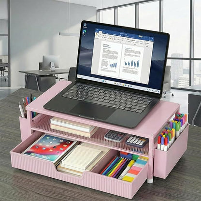 Desk Organizer and Accessories, 2-Tier Computer Monitor Stand Rise with Storage Drawer & 2 Pen Holders, Laptop & Printer Stand for Desktop, Workspace Organizers for Office Supplies (Pink)