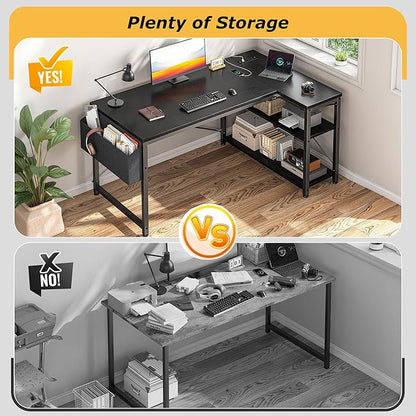 EnHomee Small Computer Desk with Storage Shelves & Side Bag, 40 Inch L Shaped Gaming Desk with Power Outlets, Corner Desk Study Writing Table for Home Office Bedroom Living Room, Black