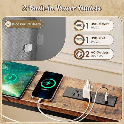 Huuger Narrow Sofa Table with 2 Power Outlets, 63-86.6 Inch Adjustable Length, Behind The Couch Table with USB-C Ports, Long Entryway Console Table, Anti-tip Kit, for Hallway Entry, Rustic Brown