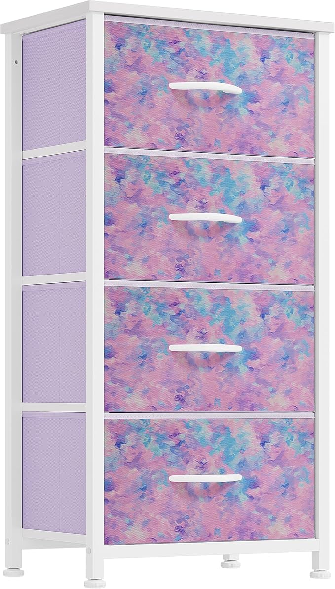 DWVO Dresser with 4 Drawers - Storage Tower Unit, Dresser for Bedroom, Living Room, Closets - Sturdy Steel Frame, Wooden Top & Easy Pull Fabric Bins, Purple