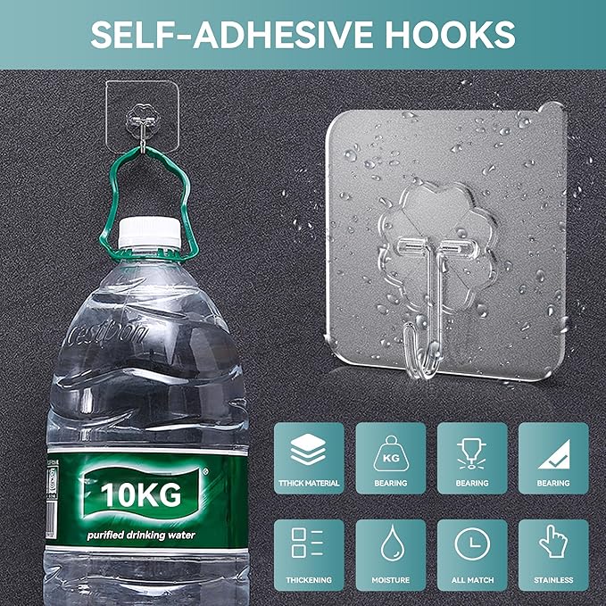 28 Pack Sticky Hooks for Hanging Heavy Duty, Wall Hooks Adhesive, Clear self Adhesive Hooks for Wall, Kitchen, Bathroom, Shower & Ceiling