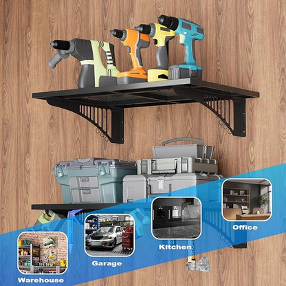 YOLENY 2-Pack 2x3FT Adjustable Garage Wall Shelving, 500lbs Load Capacity Heavy Duty Wall Mount Storage Shelf, Metal Floating Shelves Organizer for Workshop, Garage Storage Rack with Hooks