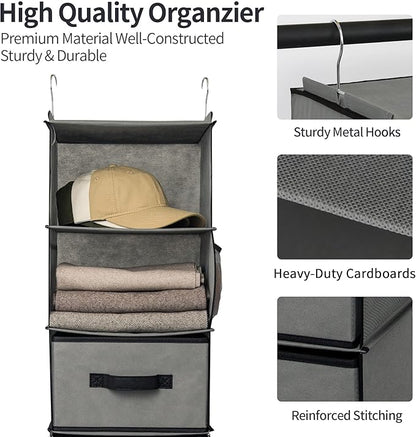 GRANNY SAYS 6-Shelf Hanging Closet Organizer, Separable to 2 Pack 3-Shelf, Closet Organization and Storage with 3 Different Drawers, 4 Side Pockets Wardrobe Clothes Organizer, Gray, 1-Pack