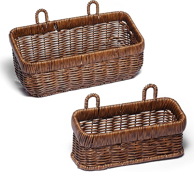 2 Pack Woven Storage Basket,Organizer Trays, Paper Box,Vintage Bin for Bathroom, Kitchen,Vanity Countertop Table Shelf, Open Storage Bins for Living Room, Bedroom, Balcony, Garden (Brown, ‎2 pc (S+M))