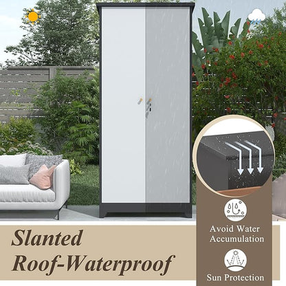 GREATMEET 72.8" Outdoor Broom Storage Cabinet, Metal Storage Cabinets for Cleaning Supplies with Slanted Roof, Waterproof Outdoor Slim Shed,Utility Closet for Broom Mop, Grey&White