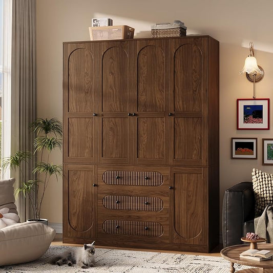 4 Doors Freestanding Armoire Wardrobe Closet, 72" Walnut Wardrobe Armoire Wooden Closet Large Capacity Storage with 3 Drawers & 3 Hanging Rod Shelves Clothes Organizer