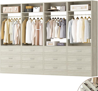 Closet System Set of 4, 8FT Closet Systems with 12 Wood Drawers, 96" Closet Organizer System with 4 Hanging Rods & 4 Shelves,Heavy Duty 96 Inch Walk-in Closet,White Oak (96"L x 15" W x 80" H)